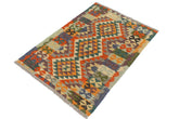 Flat Weave Kilim Antique Navaho Vintage handmade Geometric Kilim Rust Blue Hand-Woven Rectangle 100% Wool Area Rug 3x4